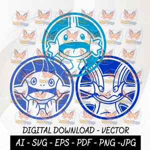 Può includere: Un grafico digitale con tre icone circolari con illustrazioni a linee blu di creature. Il testo "DIGITAL DOWNLOAD - VECTOR" e "AI - SVG - EPS - PDF - PNG - JPG" appare in basso. Lo sfondo presenta un motivo ripetuto con il logo di una volpe.