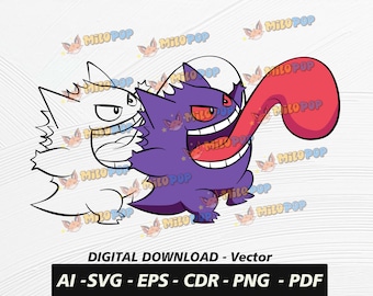 May include: A purple and white cartoon illustration of two Pokemon characters, Gengar and Haunter, with Gengar's tongue sticking out.