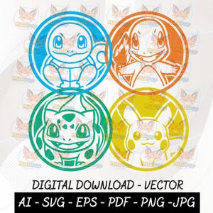 May include: A digital graphic featuring four circular icons, each containing a white line-art character illustration. The icons are colored blue, orange, green, and yellow. Text at the bottom reads: DIGITAL DOWNLOAD - VECTOR AI - SVG - EPS - PDF - PNG - JPG.