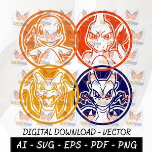 May include: Four circular digital download designs featuring stylized cartoon characters in orange, red, yellow, and blue. The text "DIGITAL DOWNLOAD - VECTOR" and file type options "AI - SVG - EPS - PDF - PNG" are displayed below the designs.