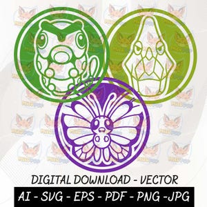 Pode incluir: Um gráfico digital com três ícones circulares com ilustrações de linhas brancas de criaturas semelhantes a insetos. Dois ícones são verdes e um é roxo. O texto abaixo diz DIGITAL DOWNLOAD - VECTOR AI - SVG - EPS - PDF - PNG - JPG.