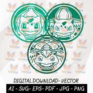 May include: Three circular green line art illustrations featuring the evolution stages of a creature with plant-like features. The text below reads DIGITAL DOWNLOAD- VECTOR AI- SVG- EPS- PDF- JPG- PNG, indicating available file formats for this design.