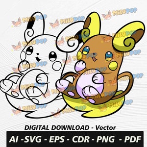 Może przedstawiać: Czarno-biały rysunek postaci Pokémona z postacią Pokémona w kolorze brązowym i żółtym siedzącą na jego plecach. Postacie Pokémona są zwrócone przodem.