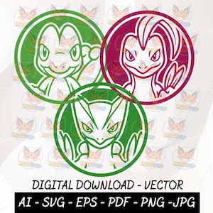 Pode incluir: Três designs gráficos digitais circulares apresentando criaturas estilizadas semelhantes a lagartos com contornos verdes e bordô. O texto abaixo diz DIGITAL DOWNLOAD - VECTOR AI - SVG - EPS - PDF - PNG - JPG. O fundo contém um logotipo de marca d'água.