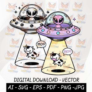 Puede incluir: Gráfico vectorial de descarga digital con dos ovnis con extraterrestres y vacas. Un ovni es plateado, el otro rosa. Las vacas tienen manchas blancas y negras y bocadillos de diálogo "MUU". El gráfico incluye el texto "DIGITAL DOWNLOAD - VECTOR".