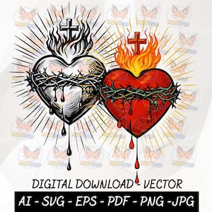 Puede incluir: Descarga digital vectorial con dos corazones estilizados. Uno es blanco y negro, el otro rojo. Ambos están adornados con una corona de espinas, una cruz y llamas. El texto "DIGITAL DOWNLOAD - VECTOR" está debajo de los corazones.