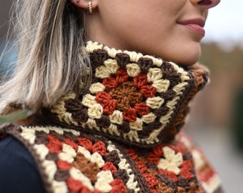 Brown Crochet Roll Neck Sweater Vest | Handmade | Sleeveless | Cream | Terracotta | Burnt Orange | Turtle Neck | High Neck | Granny Square