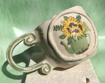 Handmade Ceramic Sunflower Mug pottery, Botanical, Unique Coffee Mugs, Hand Painted Pottery Floral Mugs, Handcrafted Vintage Tea Cup