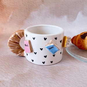 Bookish Mug, Library Bookshelf Ceramic Mug, Bookworm Tumbler, Unique Tiny Book Cup, Cute Croissant Coffee Cup, Home Decor Cup, Tea mug