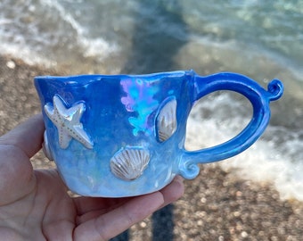 Pottery Beach Mug, Handmade Seaside Coffee Cup, Wawe Mug, Ocean Style Cup With Seashells, For Beach Lover, Ocean Shoreline Mug, Summer Mug