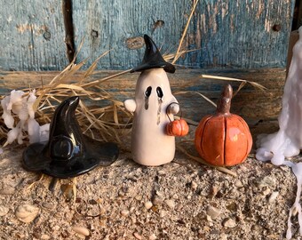 Ghost-Witch Hat-Pumpkin Halloween Set, Ceramic Handmade Gifts, Ghost In Black Hat, White Ghost Set, Unique Halloween Decor, Mini Pumpkin Set