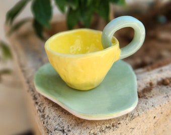 Minimallistic Natural Handmade Colorful Ceramic Espresso Mug, Handmade Espresso Mugs Pottery, Espresso, Turkish Coffee Cup and Saucer Set