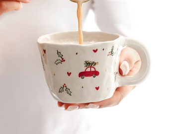 24k Gold Christmas Mug, Ceramic Cute Red Car Cup, Unique Xmas Gift Coffee Mug, Holiday Tea Mug, Merry Christmas Tree Mug, Secret Santa Gifts