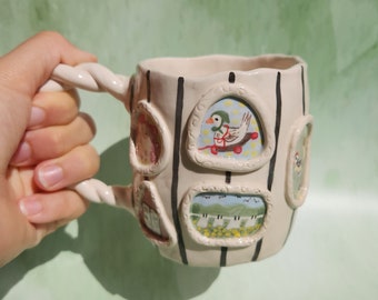 Handmade Ceramic Mug Cute Animal Duck, Vintage Floral Coffee Mug Handmade, Modern Coffee Art, Large Size Big Ceramic Mug, Cup Kiwi 13 oz Mug