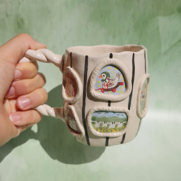 Handmade Ceramic Mug Cute Animal Duck, Vintage Floral Coffee Mug Handmade, Modern Coffee Art, Large Size Big Ceramic Mug, Cup Kiwi 13 oz Mug