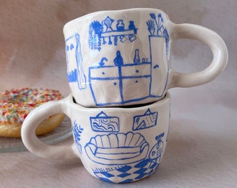 Home Drawing Mug, Blue Kitchen Art cup, Sitting Room Tumbler, Vintage House Coffee Mug, Hand Painted Rustic Tea Mugs, Unique Home Decor Mugs