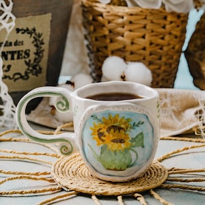 Handpainted Sunflower Mug Pottery, Botanical, Unique Coffee Mugs, Hand Painted Pottery Floral Mugs, Handcrafted Vintage Tea Cup