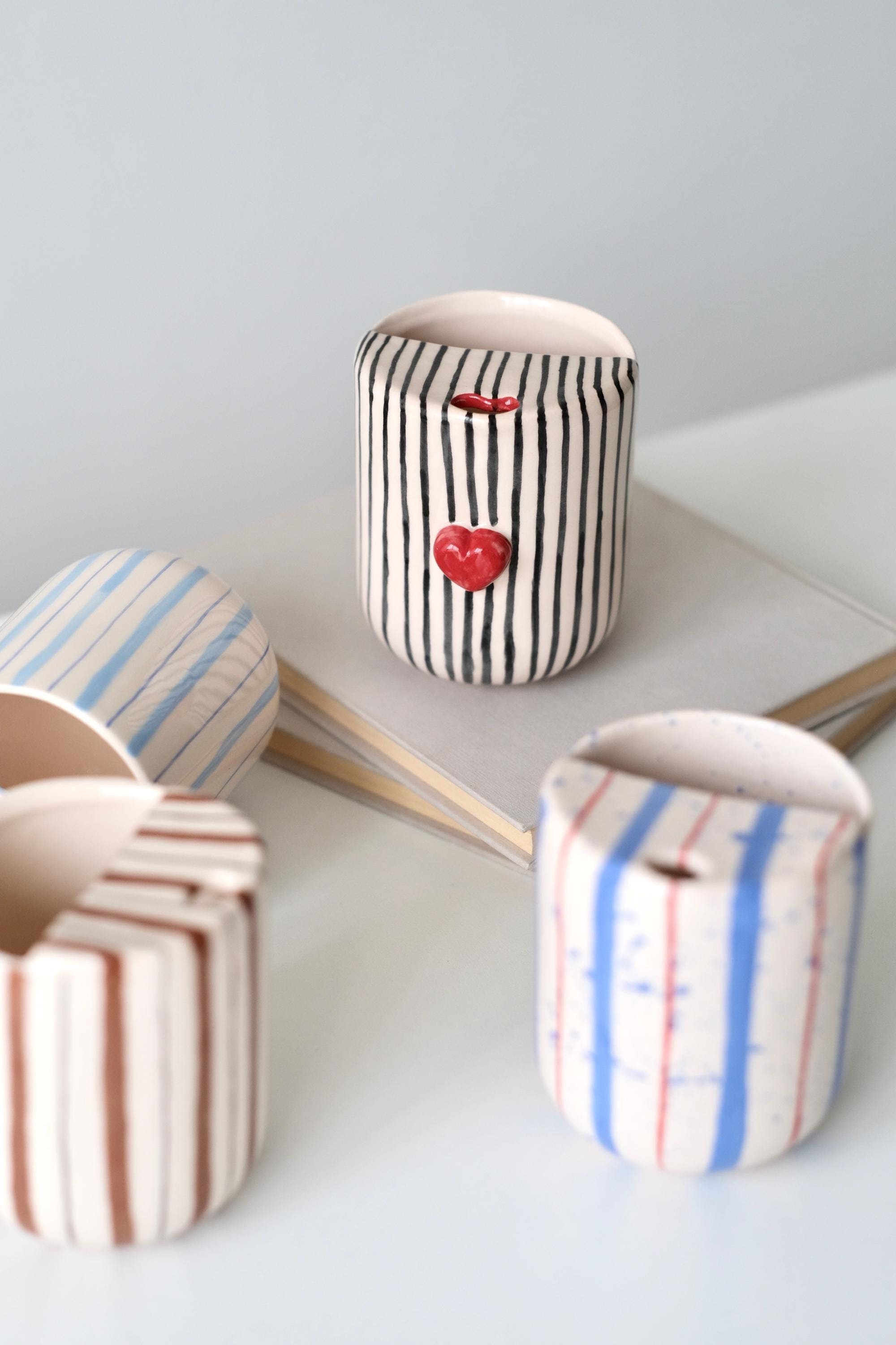 Heart Travel Ceramic Tumbler, Minimalist To-go Cup, Hand Thrown Pottery Mug, Rustic Sip Mug, Lemonade Cup For Library, Vintage Striped Mug