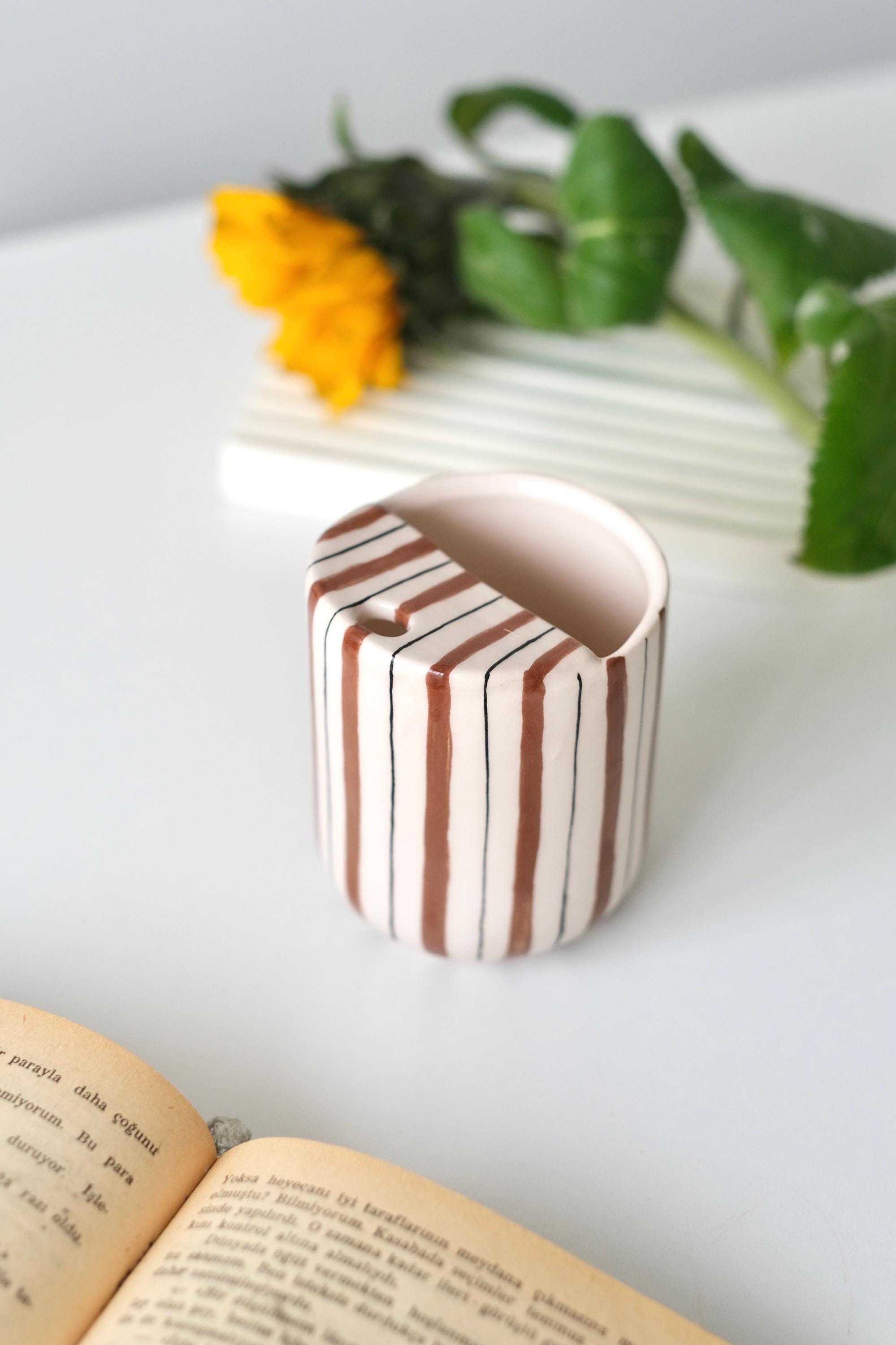 Travel Ceramic Tumbler, Minimalist To-go Cup, Hand Thrown Pottery Mug, Rustic Sip Mug, Lemonade Cup For Library, Vintage Brown Mug