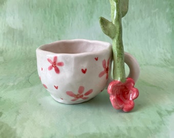 Floral Cup And Spoon Set, Elegant Vintage Ceramic Coffee Mug, Unique Flowers Espresso Cup Set, Cute Pink Floral Spoon And Cappuccino Cup