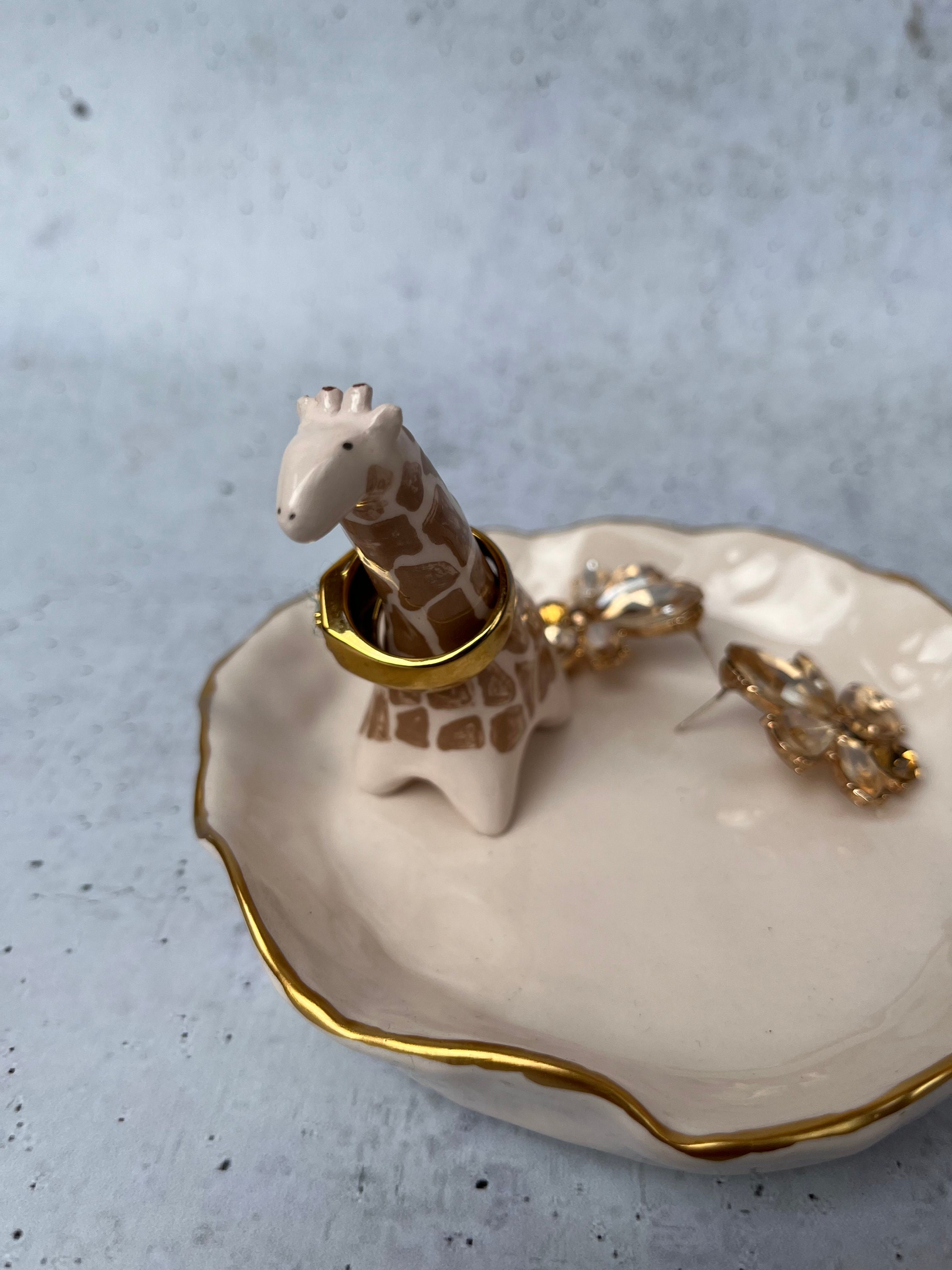 Ceramic Gold Ring Dish With Giraffe, Ring Holder, Pottery Jewelry