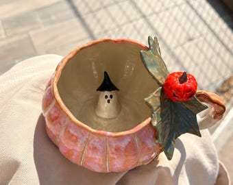 Handmade Pumpkin Mug with Ghost,  Halloween Ceramic Coffee Cup, Autumn Gift For Her