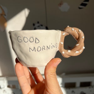 Funny Bagel Ceramic Mug, Pretzel Handmade Cup, Unique Espresso Cup, Coffee Bar Decoration, Cute Breakfast Mugs, İnspiring cups, Wiritten Mug