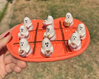 Spooky Tic Tac Toe, Ceramic Halloween Board Game, Handmade Ghost Reading Book, Halloween Cute Decor