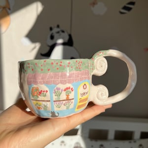 Aesthetic Hand Painted Flower Mug, Handmade Ceramic Floral Design Tea Coffee Cup - Mug, Gym Yoga Pottery Mug for Mom, House Portrait Mugs