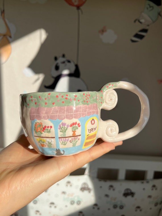 Ästhetische handbemalte Blumentasse, handgefertigte Keramik-Blumenmuster-Tee-Kaffeetasse - Becher, Fitnessstudio-Yoga-Keramikbecher für Mama, Haus-Porträtbecher