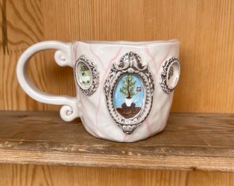 Ceramic Mug Cute Animal Sheep, Vintage Floral Coffee Mug Handmade, Modern Coffee Art, Mug With Farm Picture, Cup Kiwi 7 oz Mug