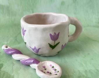 Tulip Cup And Spoon Set, Elegant Vintage Ceramic Coffee Mug, Unique Flowers Espresso Cup Set, Cute Purple Floral Spoon And Cappuccino Cup