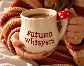 Autumn Whispers Mushroom Mug, Handmade Cottagecore Ceramic Coffee Cup
