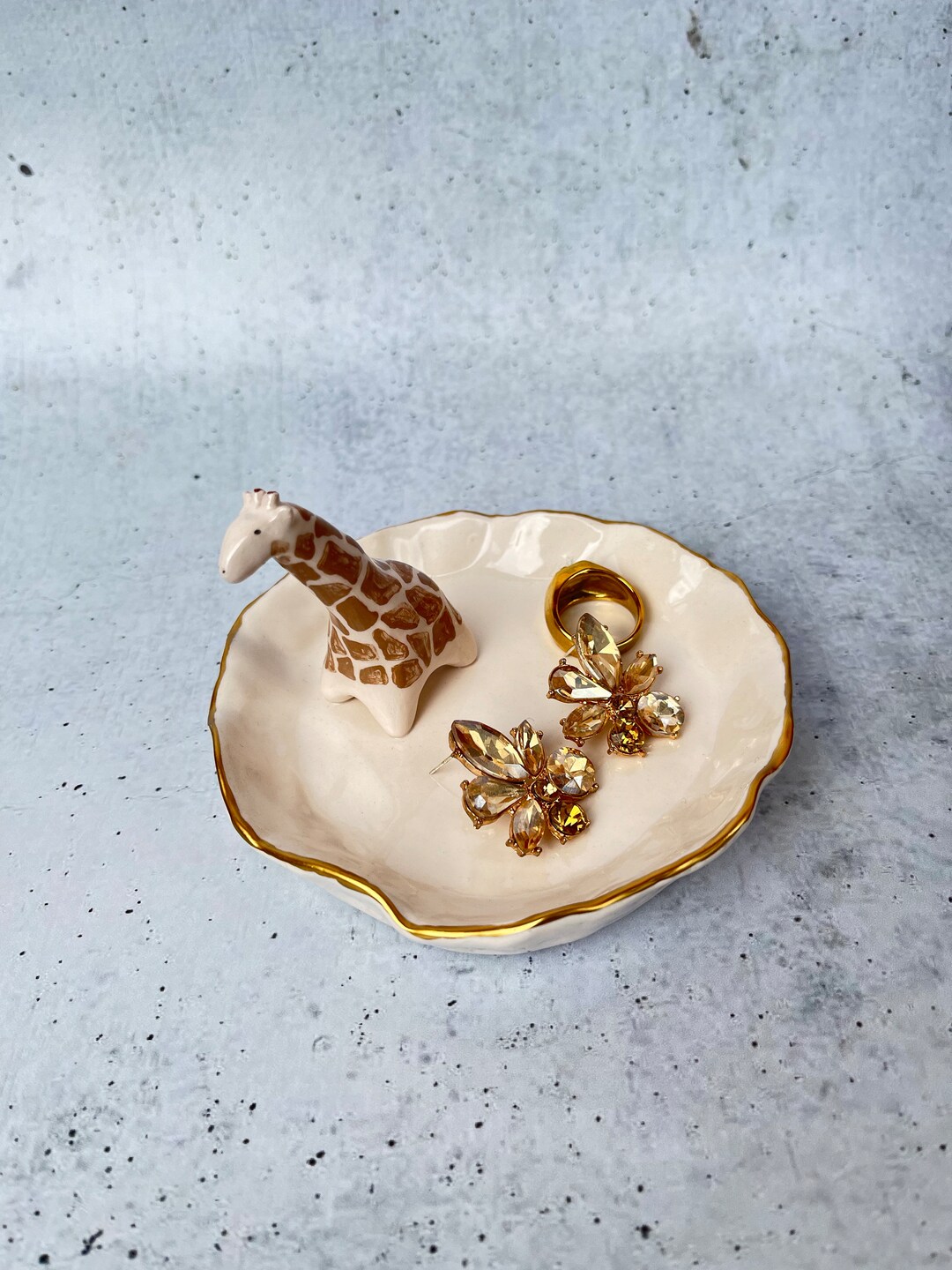Ceramic Gold Ring Dish With Giraffe, Ring Holder, Pottery Jewelry