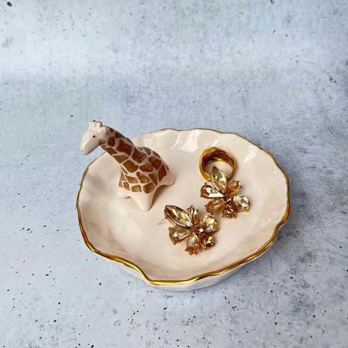 Ceramic Gold Ring Dish With Giraffe, Ring Holder, Pottery Jewelry