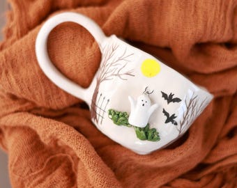 Ceramic Halloween Mug, Funny Ghost Cup, Spooky Mugs - Ceramic Unique Halloween Gifts - Charm Pumpkin Cup, Husband With Handle, Bat Mugs