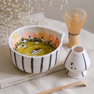 Juego de cuencos para matcha de 538 ml pintados a mano, cuenco de cerámica para mezclar matcha, cuenco de cerámica con diseño de ovejas en un prado.