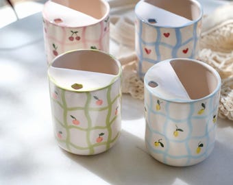 Fruity Travel Tumbler, Love Minimalist To-go Cup, Hand-Painted Summer Mug, Rustic Sip Mug, Lemonade Cup For Library, Mother’s Day Gift