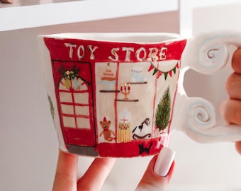 24k Gold Christmas Toy Shop Mug, Ceramic Cute Red Cup, Unique Xmas Gift Coffee Mug, Holiday Tea Mug, Merry Christmas  Mug, Secret Santa Gift