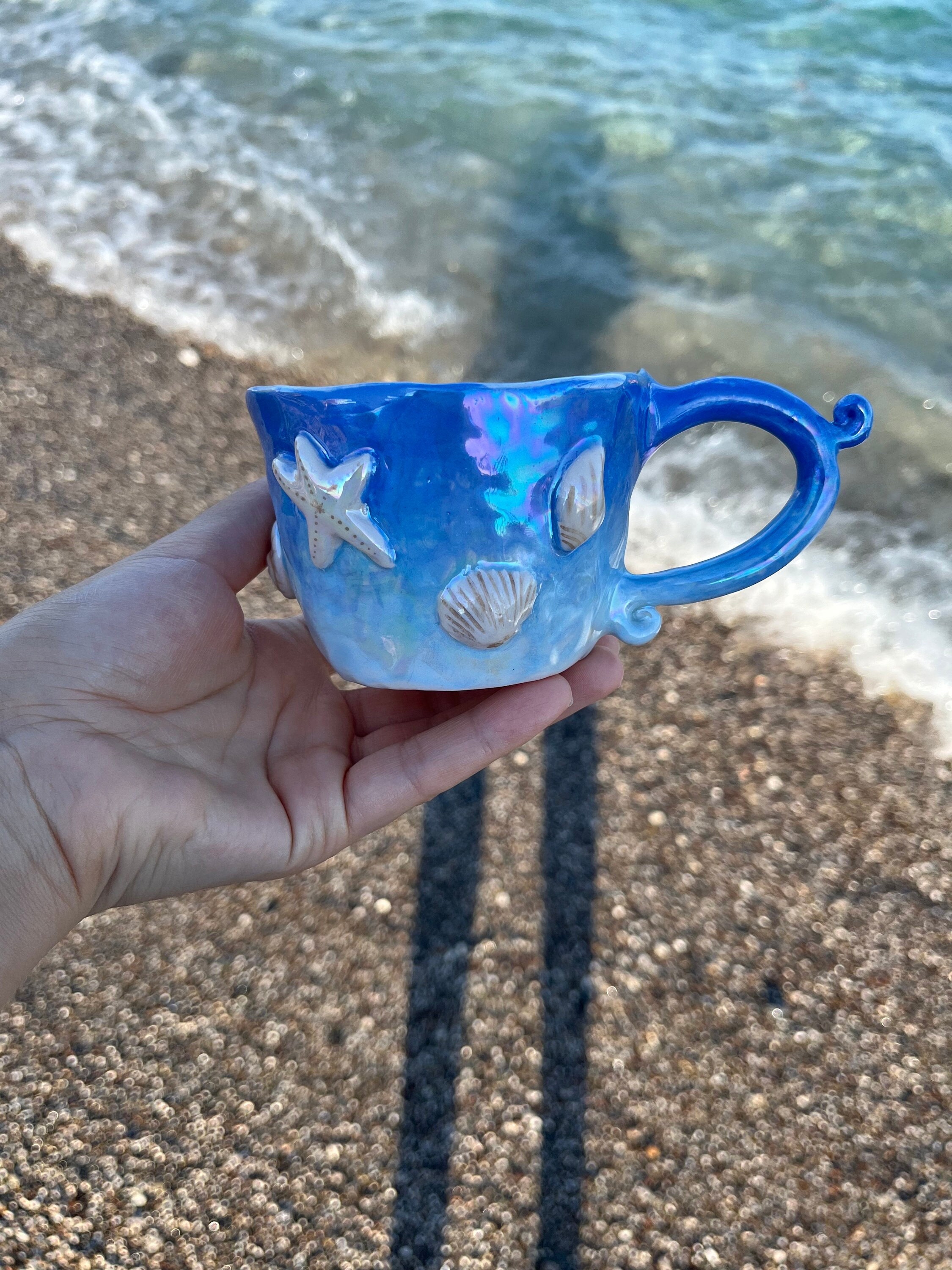 Pottery Beach Mug, Handmade Seaside Coffee Cup, Wawe Mug, Ocean Style Cup  With Seashells, for Beach Lover, Ocean Shoreline Mug, Summer Mug - Etsy