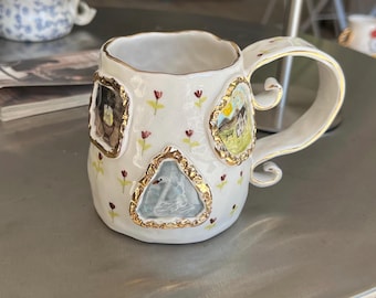 Handmade Ceramic Mug Cute Animal Duck, Vintage Floral Coffee Mug Handmade, Modern Coffee Art, Large Size Big Ceramic Mug, Cup Kiwi 13 oz Mug