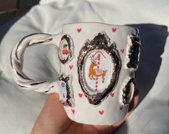 Handmade Christmas Mugs, White Golden Cute Xmas Coffee Mug, Colorfull Christmas Gift, Christmas Mug Cozy Best Seller Vintage, 24K Gold Mug
