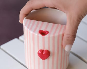 Heart Travel Ceramic Tumbler, Minimalist To-go Cup, Hand Thrown Pottery Mug, Rustic Sip Mug, Lemonade Cup For Library, Vintage Striped Mug