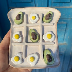 Handmade Avocado-Egg Tic Tac Toe, Ceramic XOXO Game For Kids Set, Coffee Table Game, Avocado And Egg Tic Tac Toe Games, Toast And Fried Game