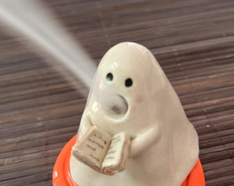 Ceramic Ghost Incense Holder with Pumpkin Base, Handmade Ceramic Halloween Decor, Incense Burner, Spooky Home Decoration