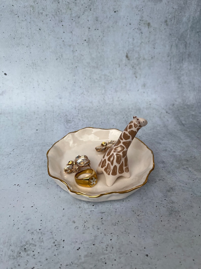 Ceramic Gold Ring Dish With Giraffe, Ring Holder, Pottery Jewelry Storage, Ring Catcher, Necklace Holder Organizer, Holiday Jewelry Stand image 9