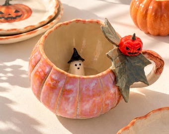 Porcelain Pumpkin Mug with Ghost,  Halloween Ceramic Coffee Cup, Autumn Gift For Her