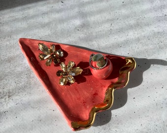 Gold Ring Dish With Cherry, Ceramic Ring Holder, Pottery Jewelry Storage, Ring Catcher, Necklace Holder Organizer, Holiday Jewelry Stand