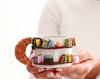 Library Bookshelf Mug, Ceramic Book Mug, Bookworm Tumbler, Unique Tiny Book Cup,  Cute Croissant Coffee Cup, Home Decor, Holiday Tea mugs
