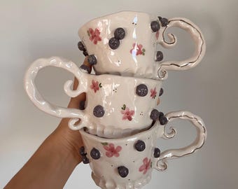 HANDMADE Blueberry Ceramic Mug, Cute Pottery Coffee Cup, Wide Handmade Mug, Cappuccino Cup, Mini Heart Mug, Unique Tea Cup, Texture Mug